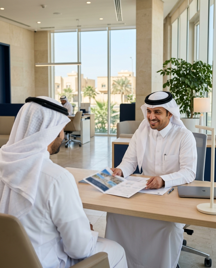 مستشار عقاري سعودي يعرض تفاصيل عقار على عميل في مكتب بالمنطقة الشرقية