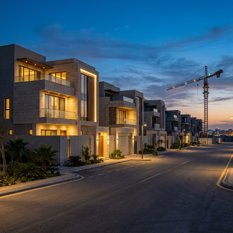 مشروع سكني جديد قيد الإنشاء برافعة بناء وقت الغسق في الشرقية