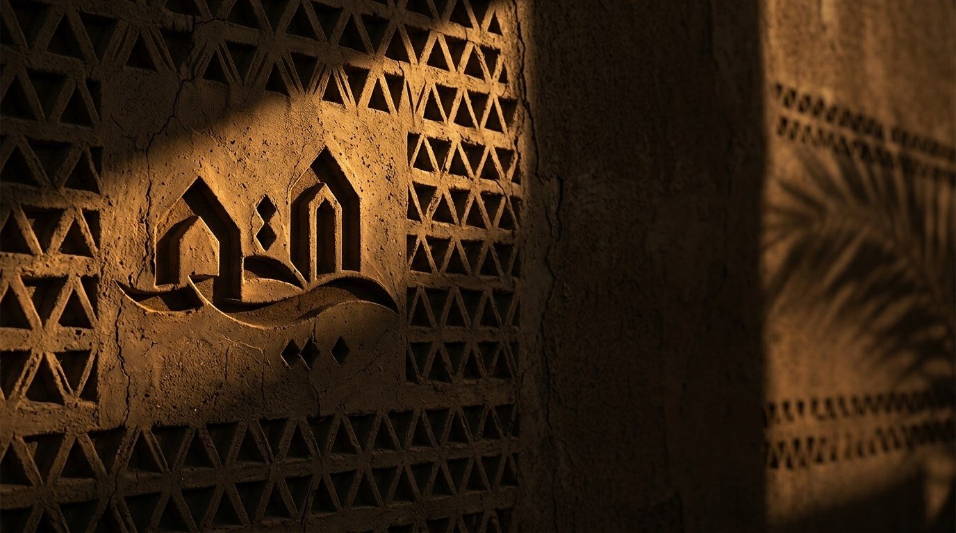 شعار بيتك مسكنك بناء محفوراً في جدار طيني نجدي تقليدي