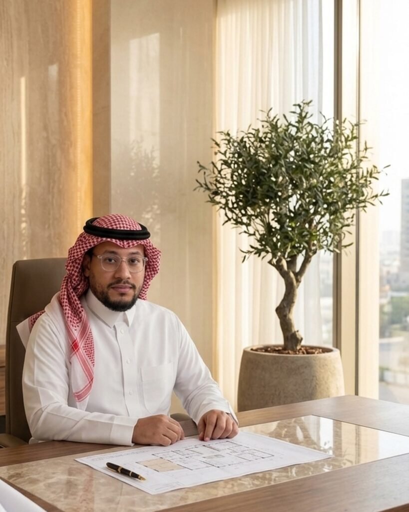 ناصر عبدالرحمن البيشي في مكتبه التنفيذي أمام مخطط هندسي