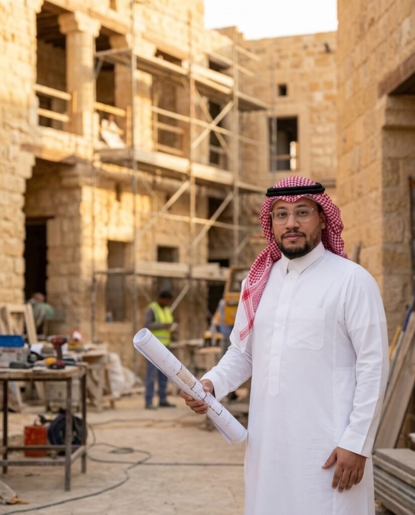 ناصر عبدالرحمن البيشي في موقع ترميم تراثي حجري حاملاً المخططات