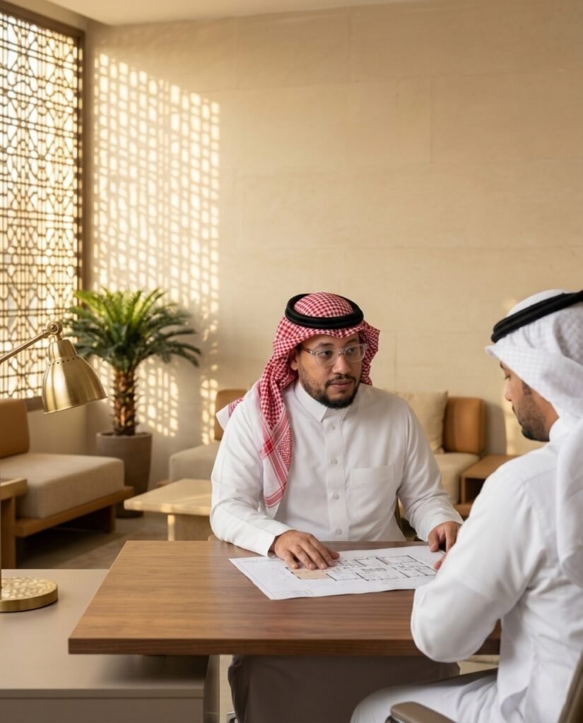 ناصر، مالك بيتك ومسكنك، خلال جلسة عمل على مخططات عقار في المكتب